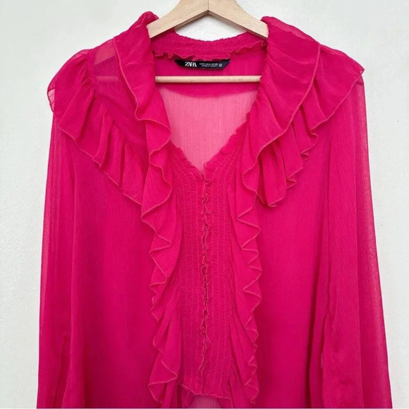 Zara Womens Small Ruffle Pink Sheer  Blouse - Picture 3 of 14
